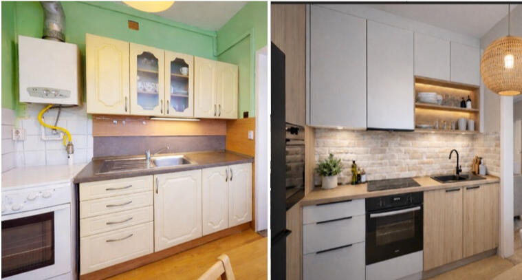 Kuchyň Před a Po, Levné vizualizace Vizualizace kuchyně, paneláková kuchyň Před a Po, Rekonstrukce panelákové kuchyně
