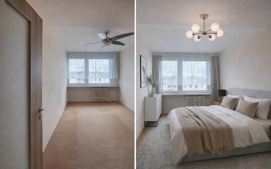 Vizualizace panelákové Ložnice Před a Po Vizualizace ložnice, paneláková ložnice Před a Po, Jak vybavit prázdný pokoj, Rekonstrukce paneláku